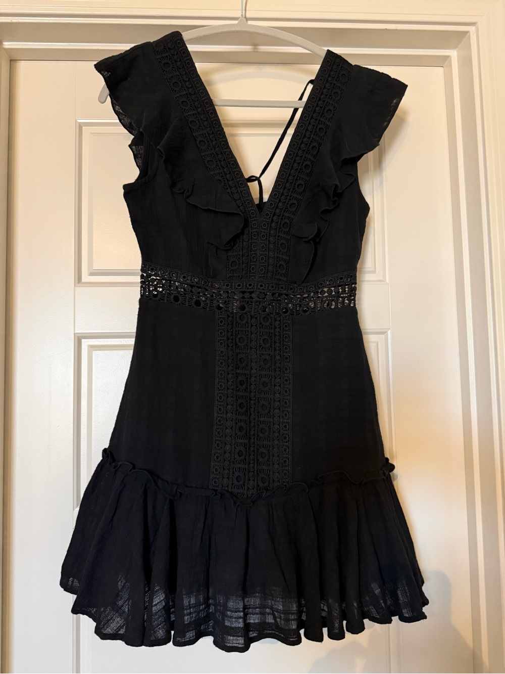miami Black V-Neck Ruffle Crochet-Trim Mini Dress